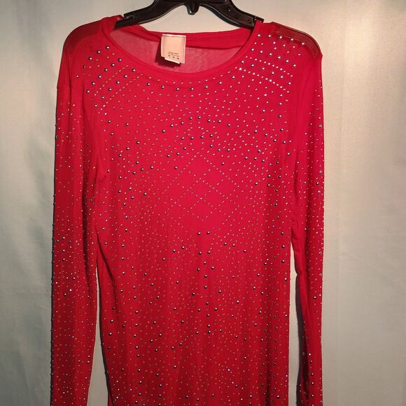 Red Long Sleeve Rhinestone Studded Top Bling Sparkle Shirt Size 2X - Picture 2 of 5